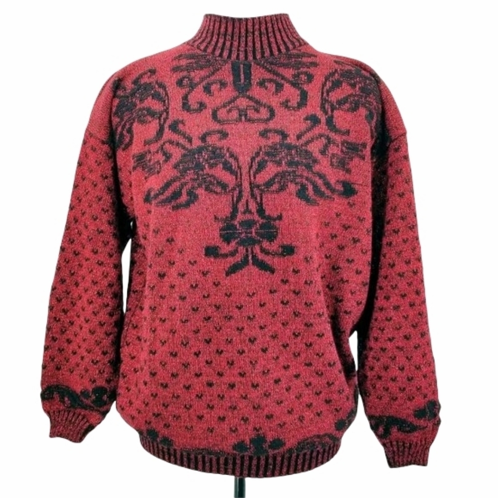 ⭐️Vintage Adele Knitwear Size M Sweater Red Metallic With Black Heart Print
